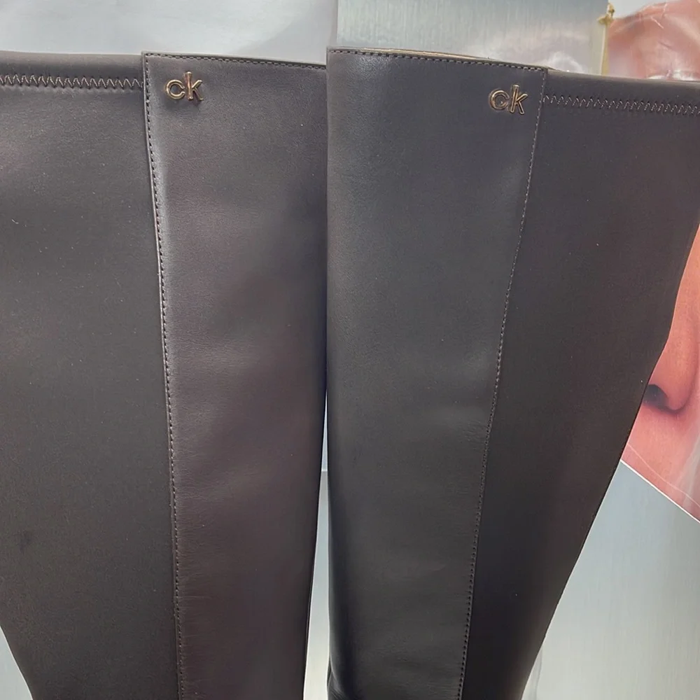 COPY - BNIB Calvin Klein Freda Cow Lather Silk neoprene Brown Long Riding Boot… - Picture 10 of 11